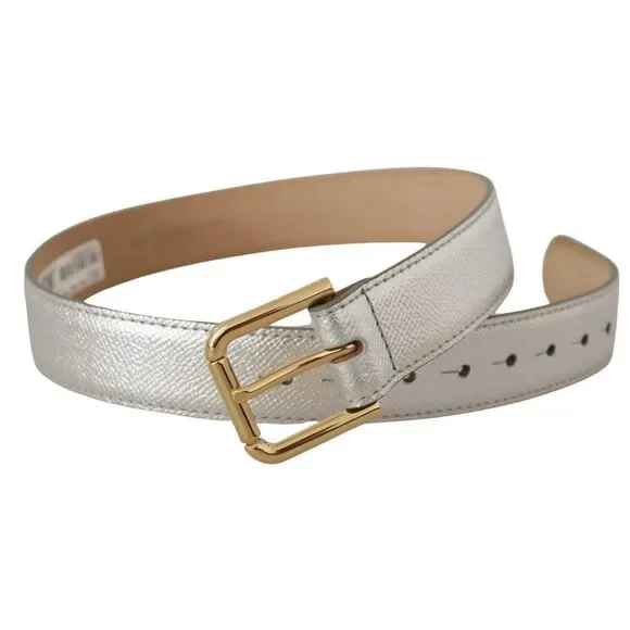 Dolce Gabbana Silver Leather Gold Tone Logo Metal Waist Buckle Belt